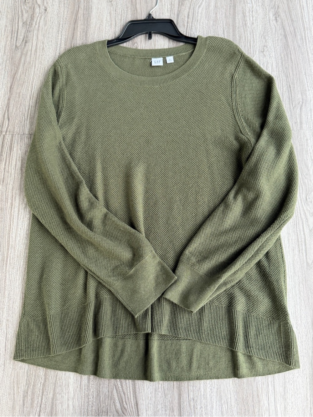 GAP Waffle Knit Crewneck Textured Sweater Olive Green High Low Hem Size XL